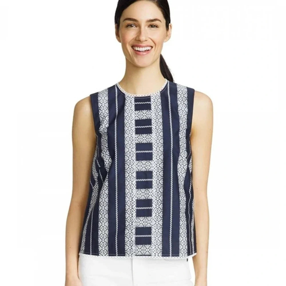 DRAPER JAMES Lacey Striped Top Navy Size 14 Tank Eyelet Lace
